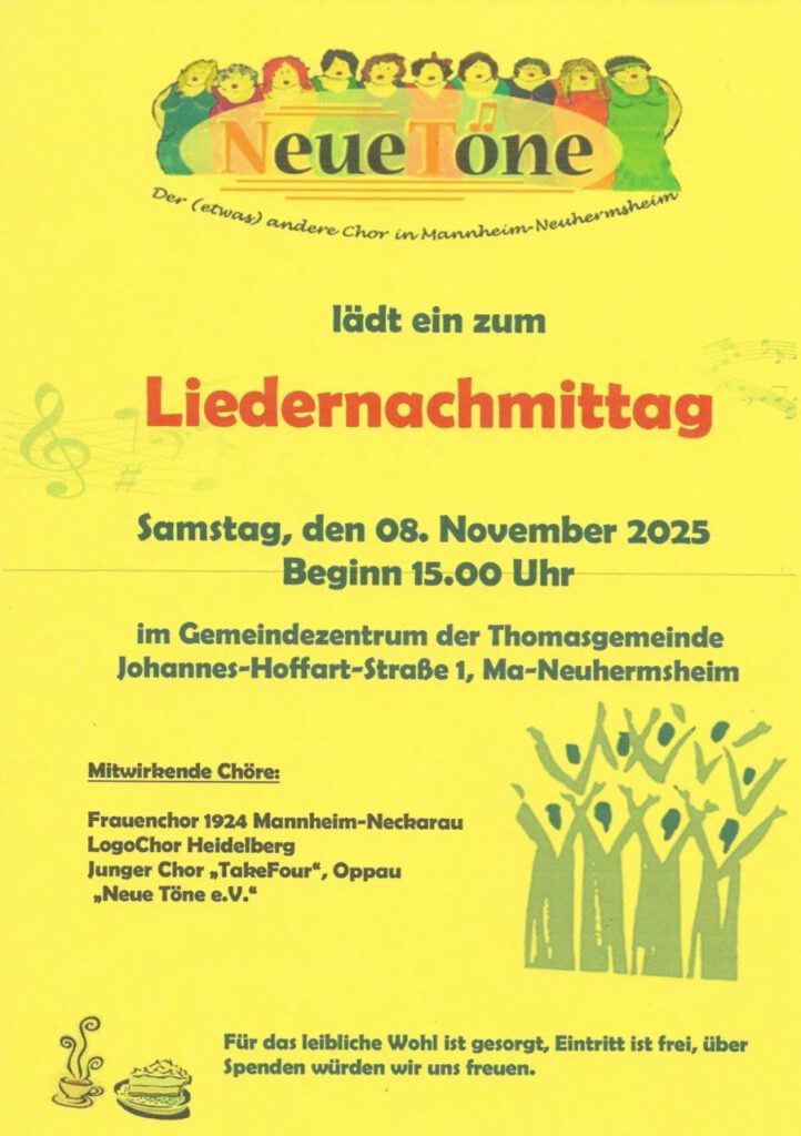 Der Junger Chor TakeFour beim Liedernachmittag Mannheim-Neuhermsheim: Ein Nachmittag voller Musik, Begegnung und Chorgemeinschaft mit Neue Töne e.V. (Leitung Claudia Schumm), Frauenchor Mannheim-Neckarau (Leitung Magdalena Zgela) und LogoChor Heidelberg (Leitung Ferdinand Dehner).